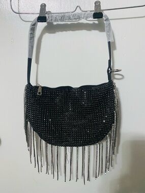 Crystal Fringe Evening Shoulder Bag - Black